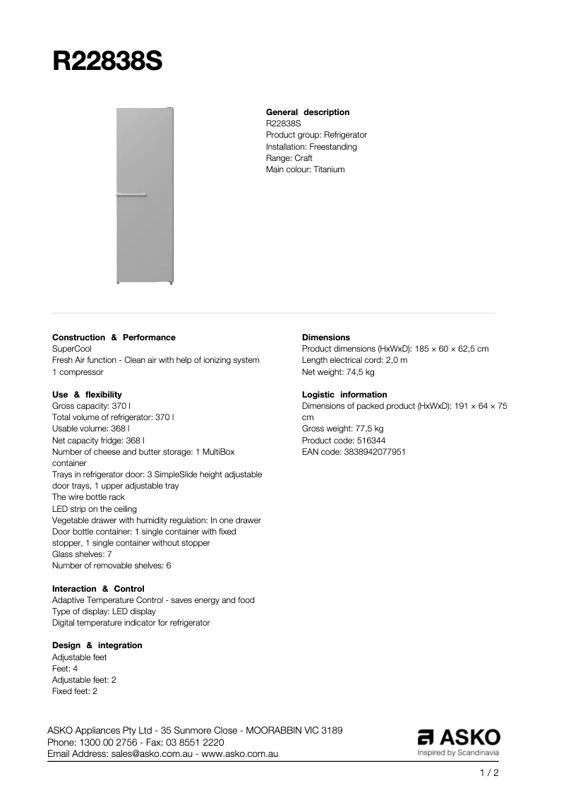 Page n°1 - Fiche technique Asko R22838S