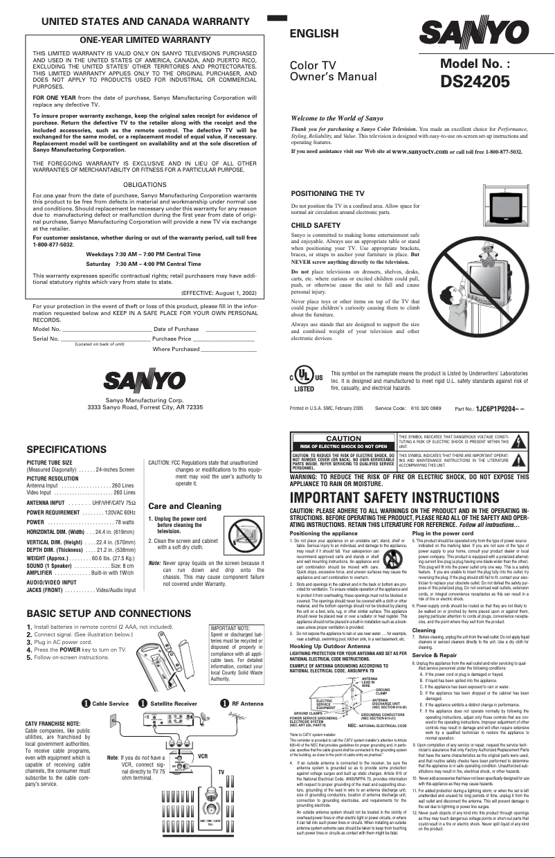 Page n°1 - Manuel utilisateur Sanyo DS24205