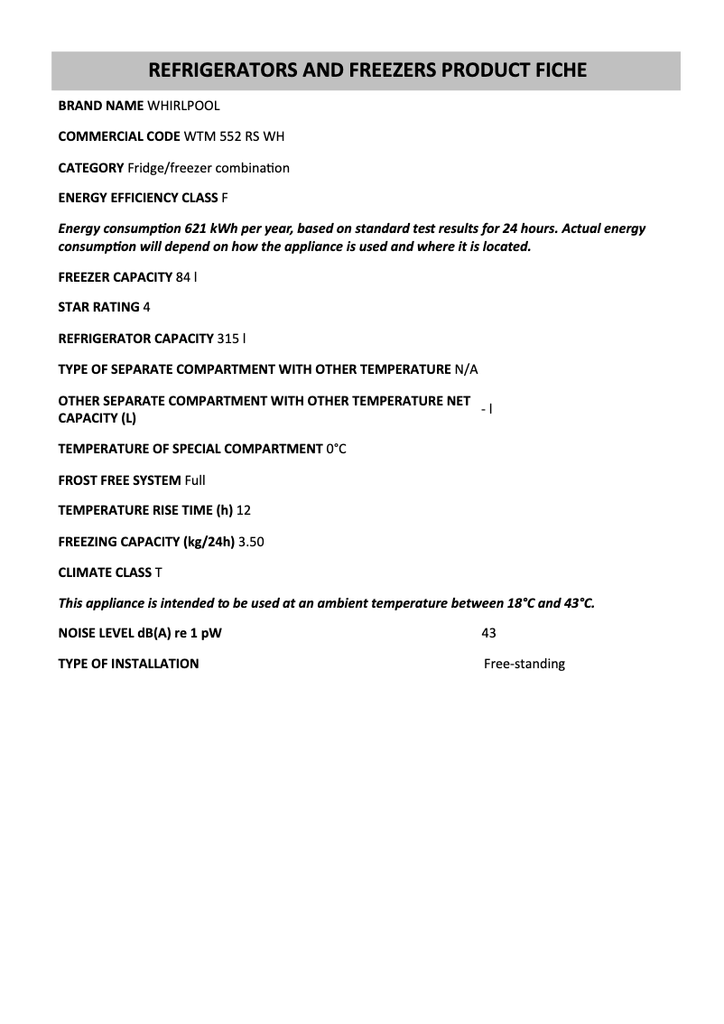 Page 1 de la notice Fiche technique Whirlpool WTM 552 RS WH