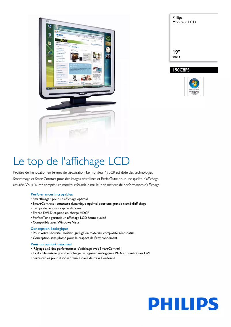Page 1 de la notice Fiche technique Philips 190C8FS