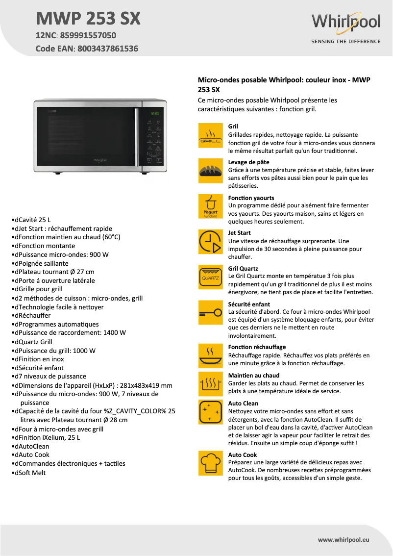 Page 1 de la notice Fiche technique Whirlpool MWP 253 SX