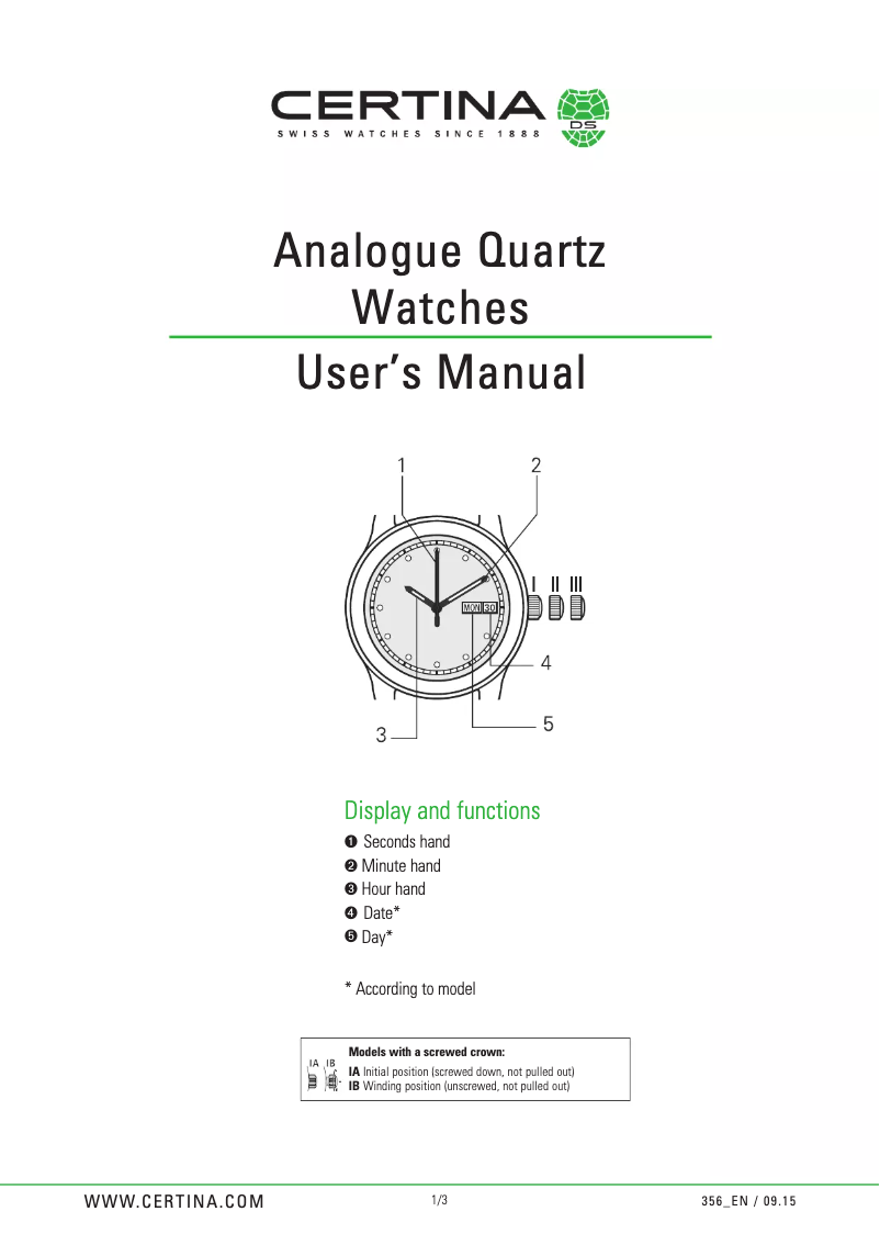 Page n°1 - Manuel utilisateur Certina Urban C035.410.22.037.01 DS Caimano