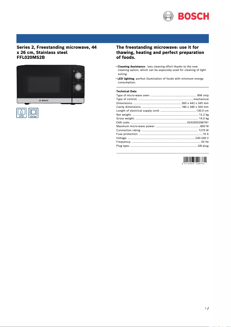 Página 1 del manual Ficha técnica Bosch FFL020MS2B