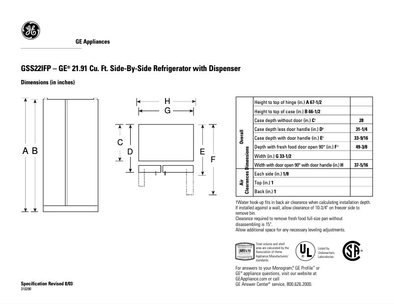 Page 1 de la notice Fiche technique GE GSS22IFPCC