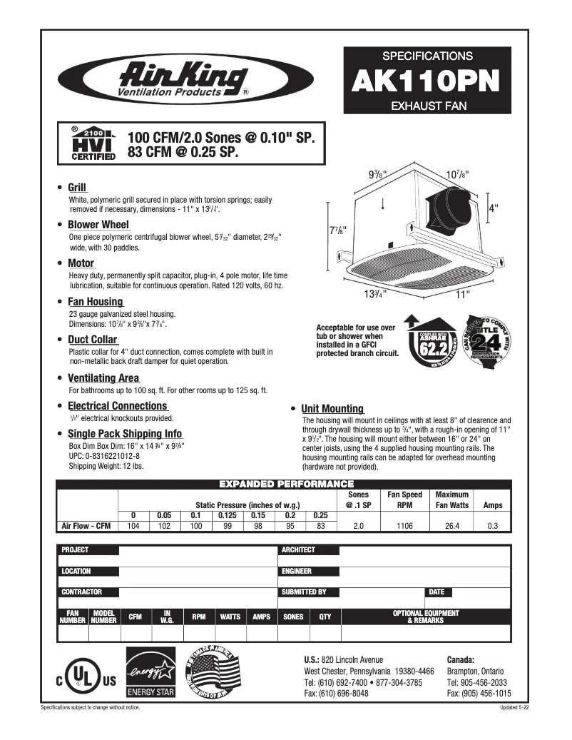 Page 1 de la notice Fiche technique Air King AK110PN