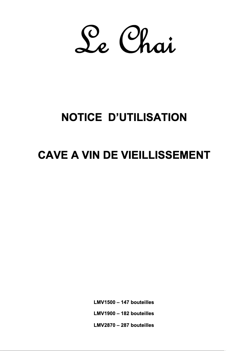 Page 1 de la notice Manuel utilisateur Le Chai LMV1900