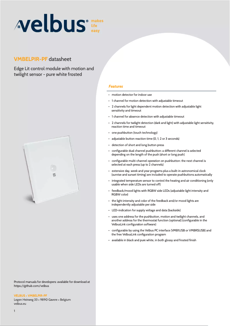 Page n°1 - Fiche technique Velbus VMBELPIR