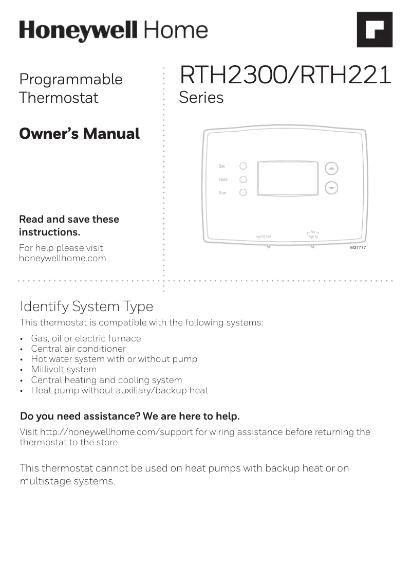 Page n°1 - Manuel utilisateur Honeywell RTH2300B1038/E1
