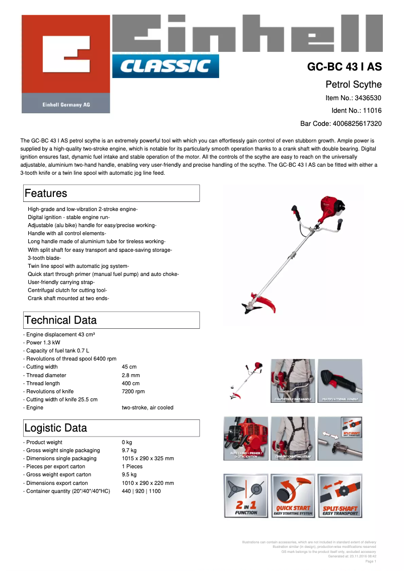 Page n°1 - Fiche technique Einhell GC-BC 43 I AS