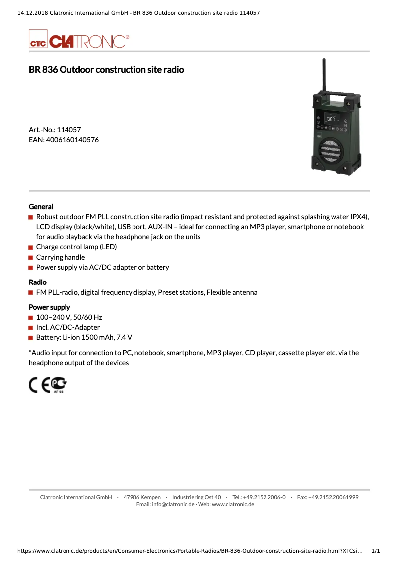 Page 1 de la notice Manuel utilisateur Clatronic BR 836