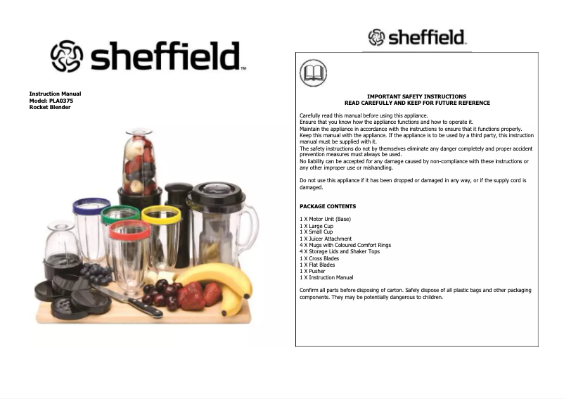 Page n°1 - Manuel utilisateur Sheffield PLA0375