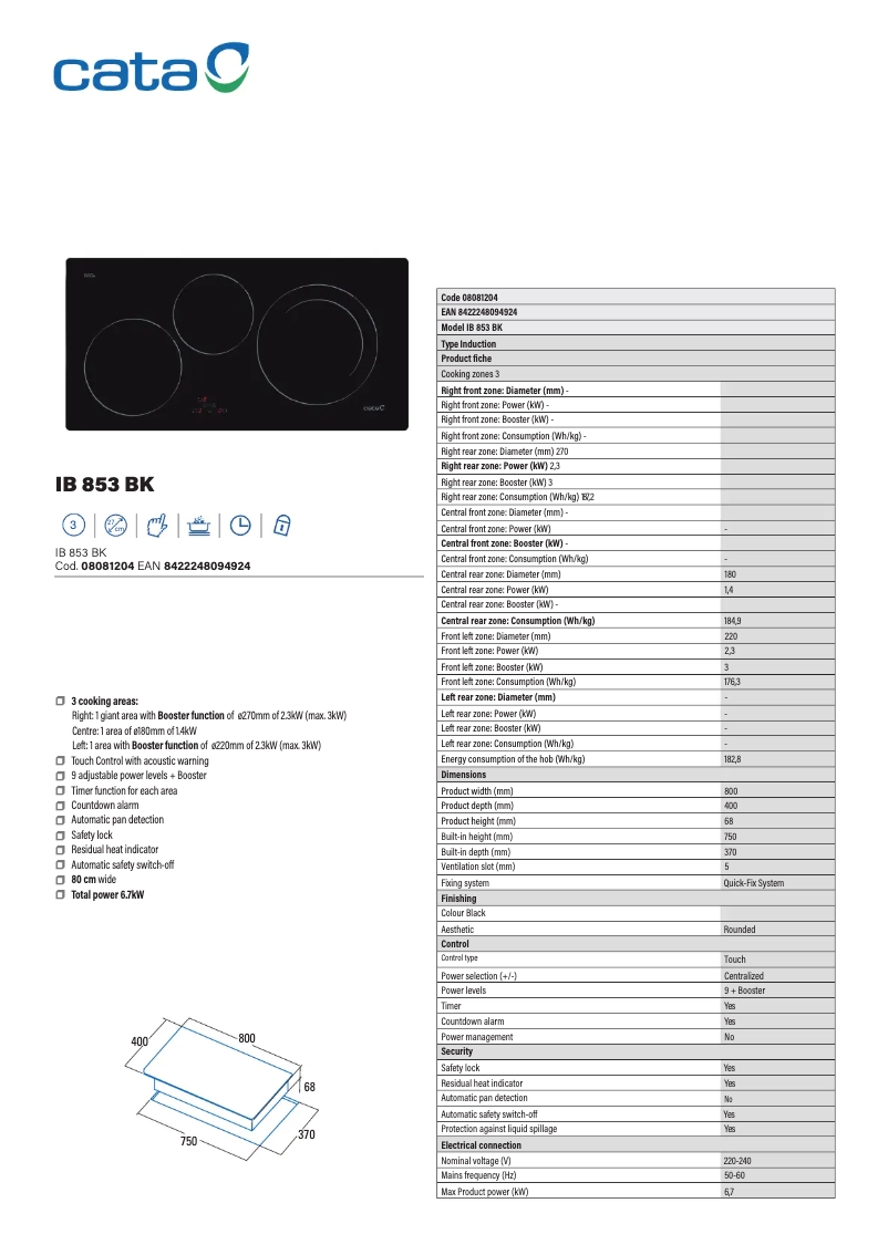 Page 1 de la notice Fiche technique CATA IB 853 BK