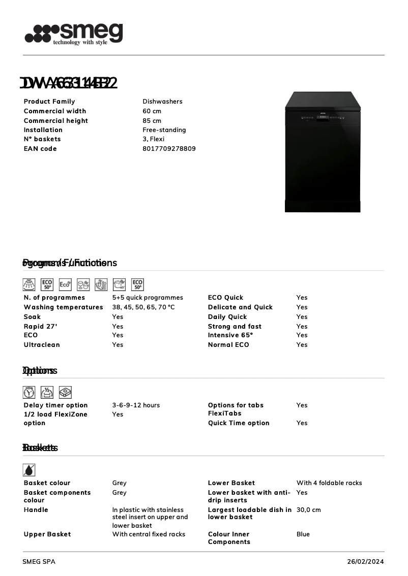 Page 1 de la notice Fiche technique Smeg DWA6314B2