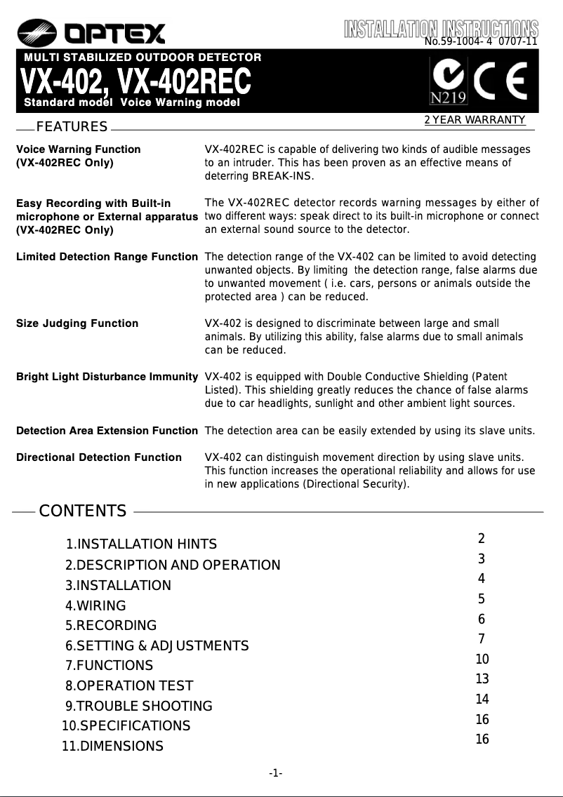 Page 1 de la notice Manuel utilisateur Optex VX-402
