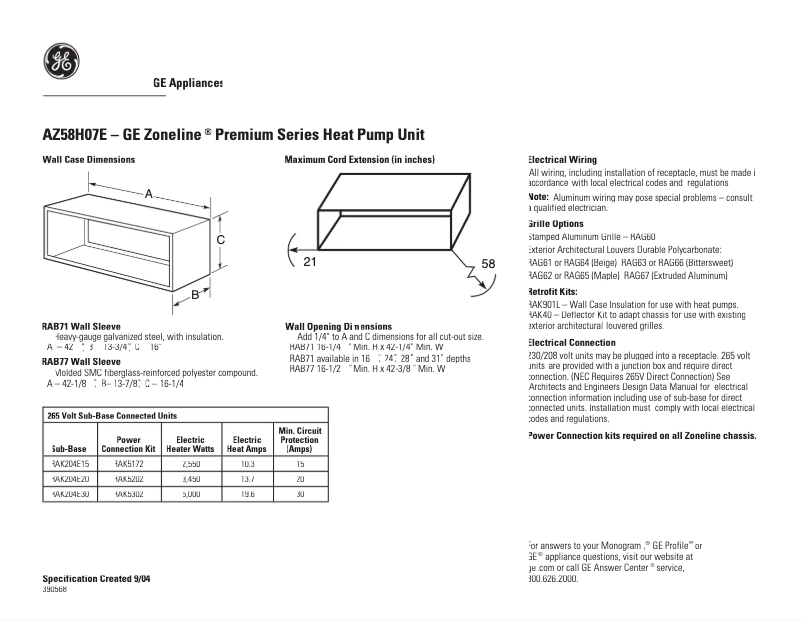 Page n°1 - Fiche technique GE AZ58H07EAD