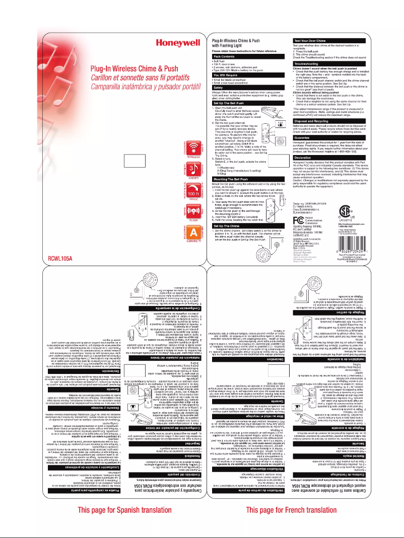 Page 1 de la notice Manuel utilisateur Honeywell RCWL105A