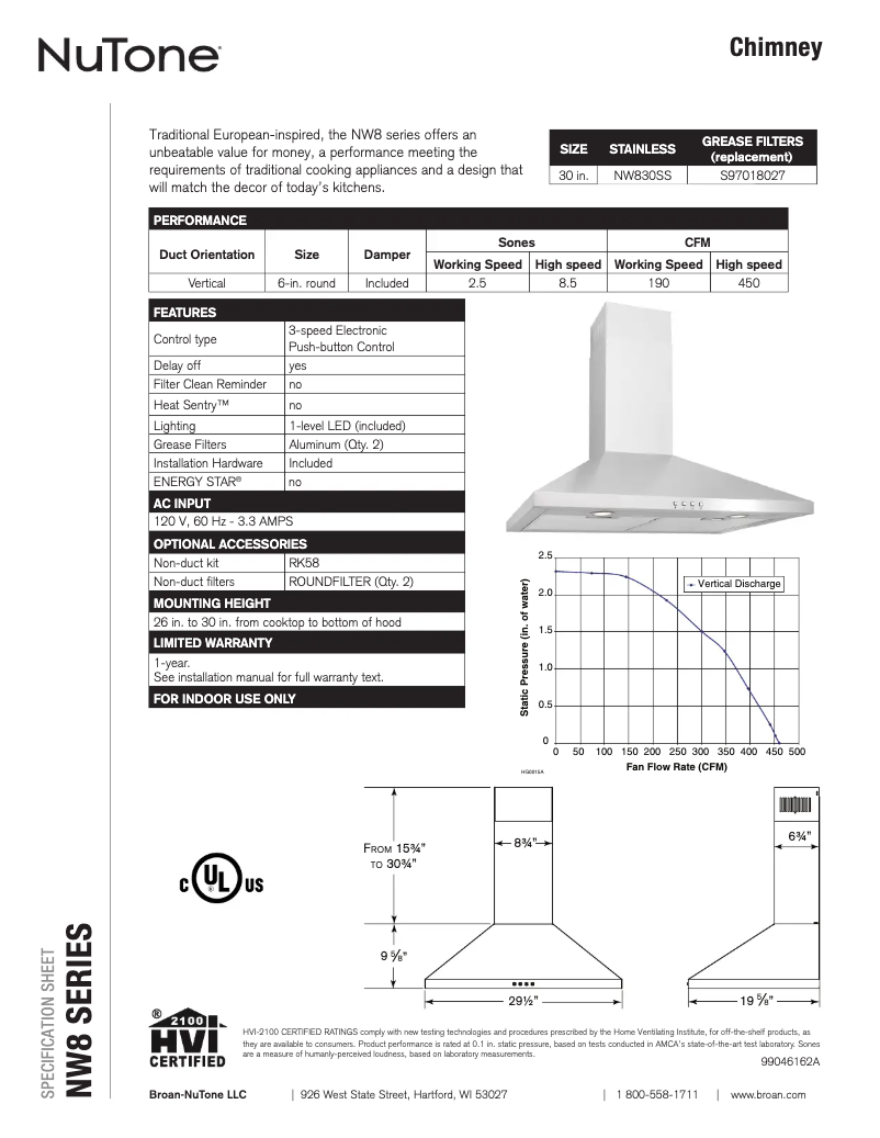 Page 1 de la notice Fiche technique NuTone NW830SS