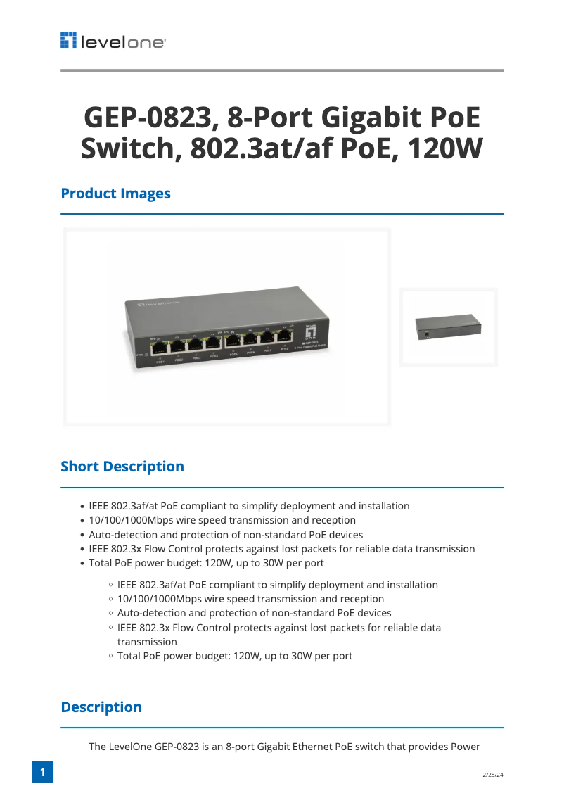 Page 1 de la notice Fiche technique LevelOne GEP-0823