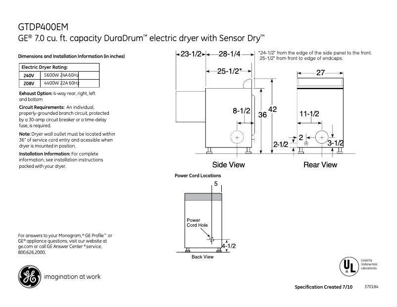 Page n°1 - Fiche technique GE GTDP400EMWS