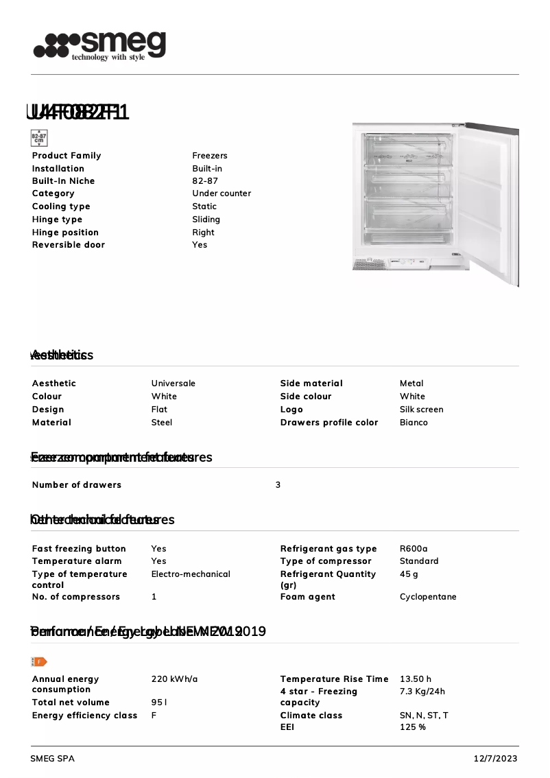 Page 1 de la notice Fiche technique Smeg U4F082F1