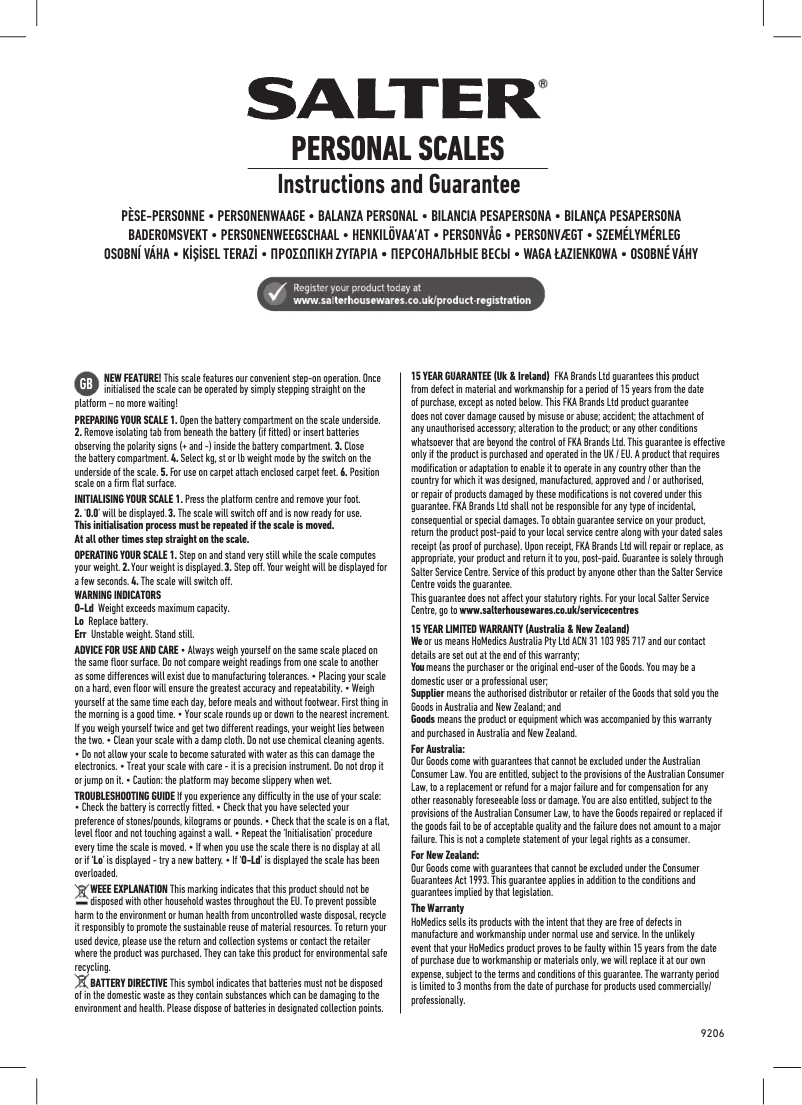 Page 1 de la notice Manuel utilisateur Salter 9206 SVWH3R