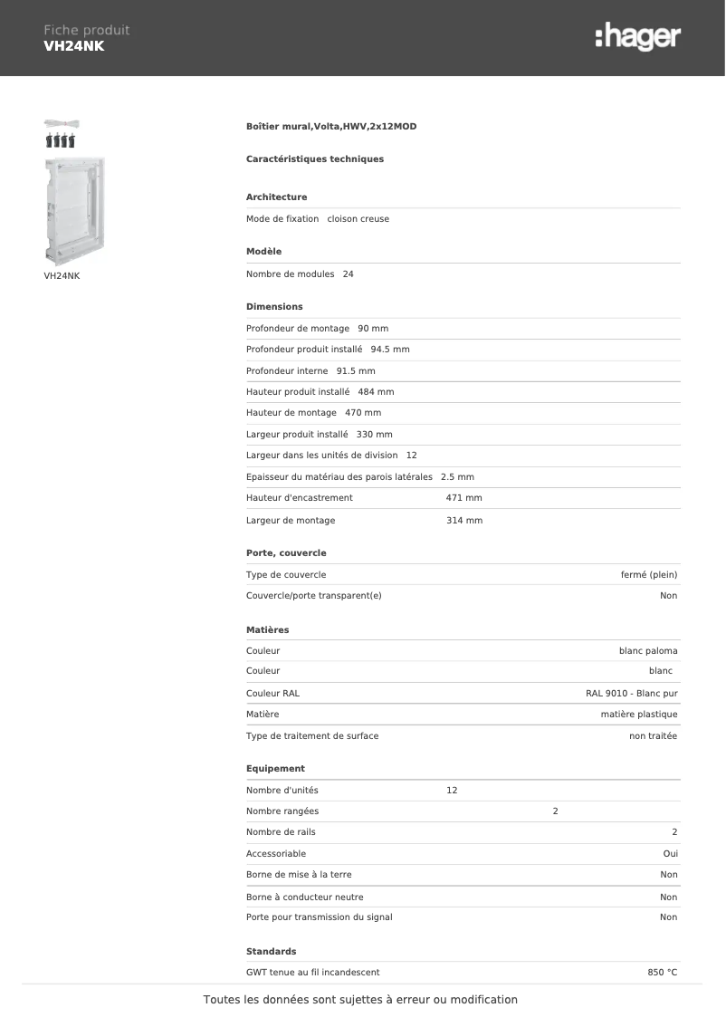 Page 1 de la notice Fiche technique Hager VH24NK