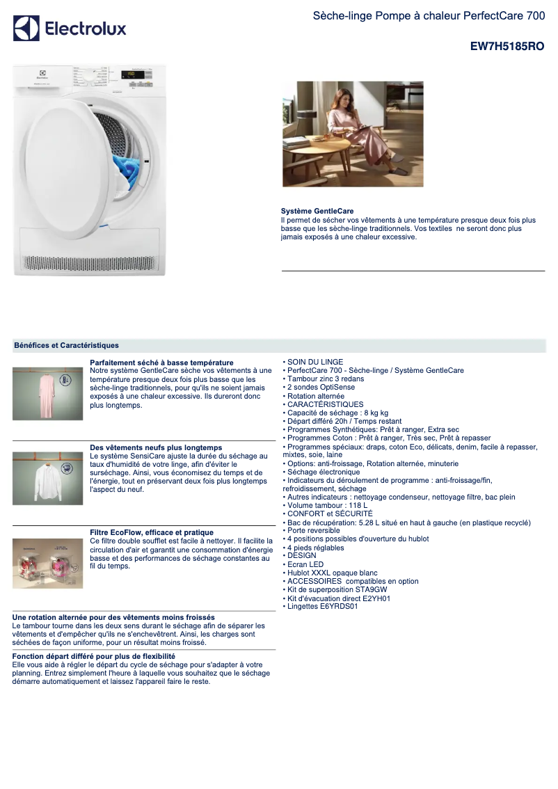 Page 1 de la notice Fiche technique Electrolux EW7H5185RO
