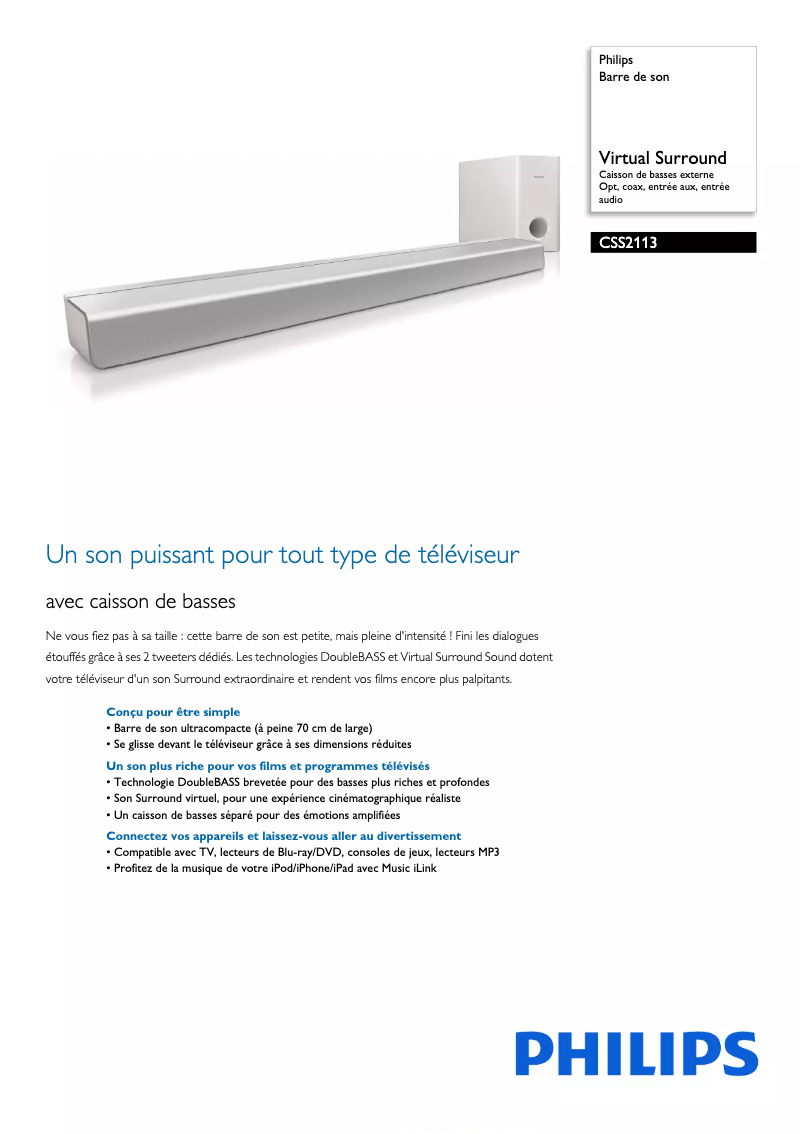 Page 1 de la notice Fiche technique Philips CSS2113