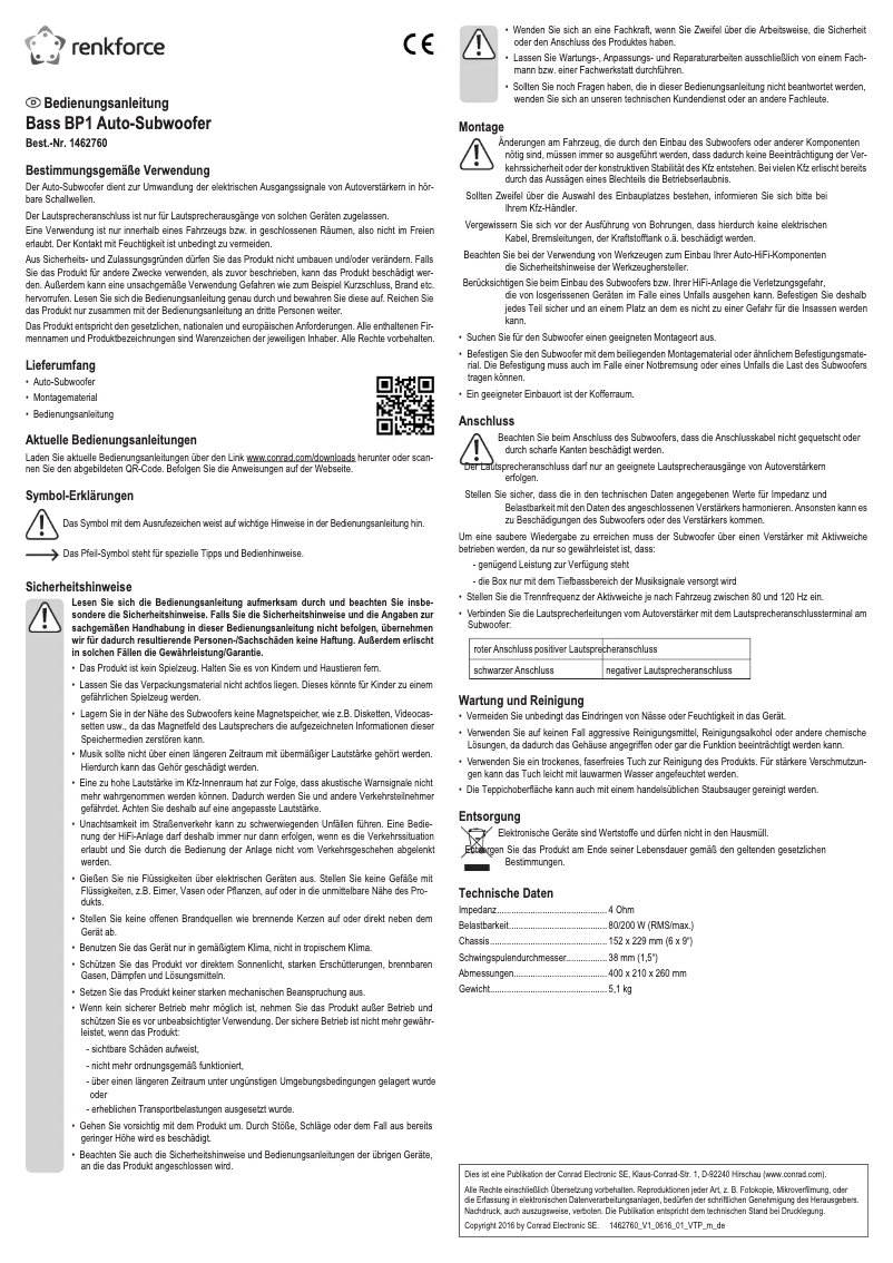 Page 1 de la notice Manuel utilisateur Renkforce Bass BP1