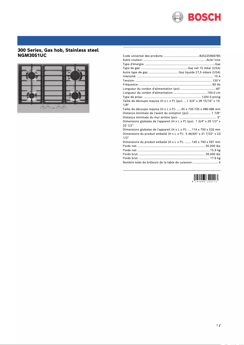Page 1 de la notice Fiche technique Bosch NGM3051UC