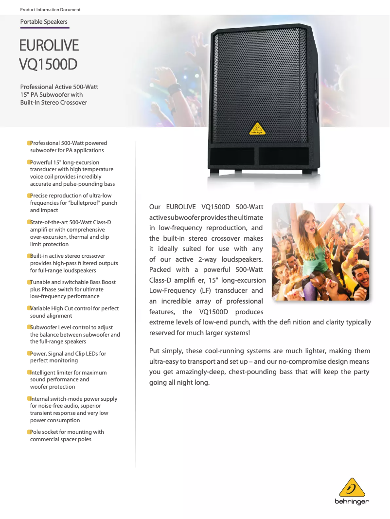 Page n°1 - Fiche technique Behringer EuroLive VQ1500D