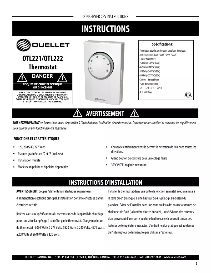 Page 1 de la notice Manuel utilisateur Ouellet OTL221