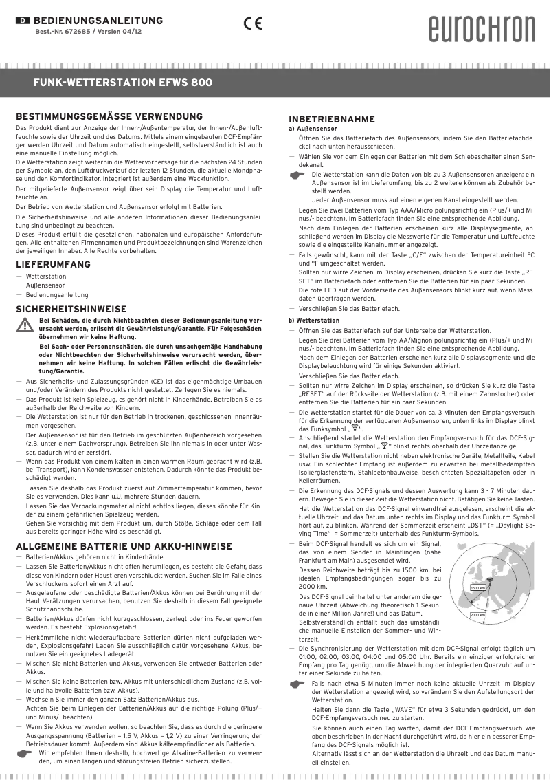 Page n°1 - Manuel utilisateur Eurochron EFWS 800