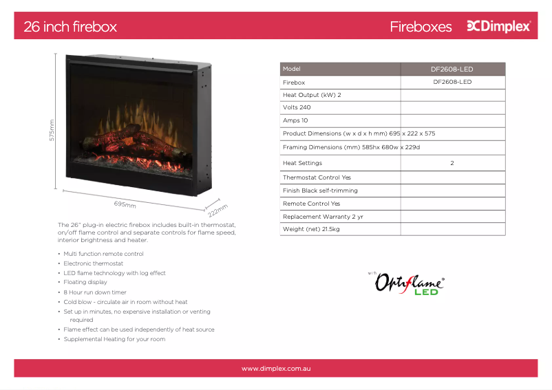 Page n°1 - Fiche technique Dimplex Optiflame DF2608-LED