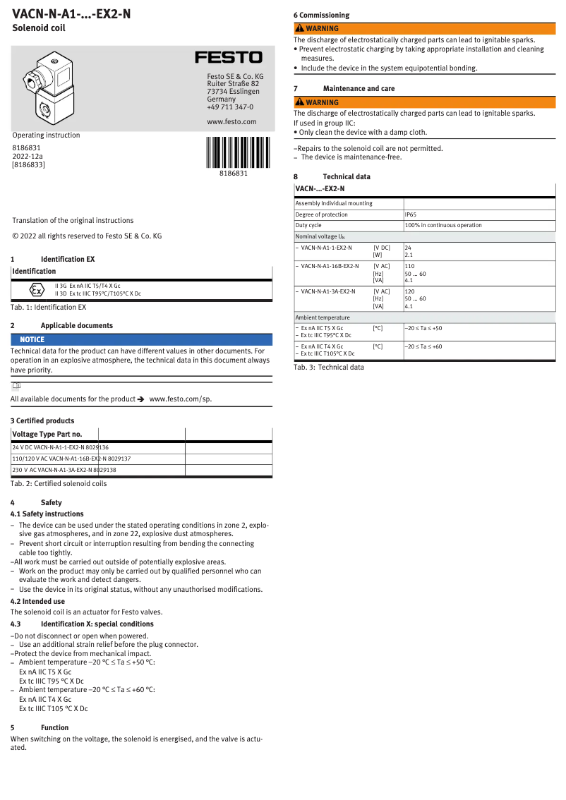 Page 1 de la notice Manuel utilisateur Festo VACN-N-A1-16B-EX2-N