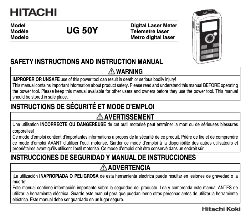 Page 1 de la notice Manuel utilisateur Hitachi UG 50Y