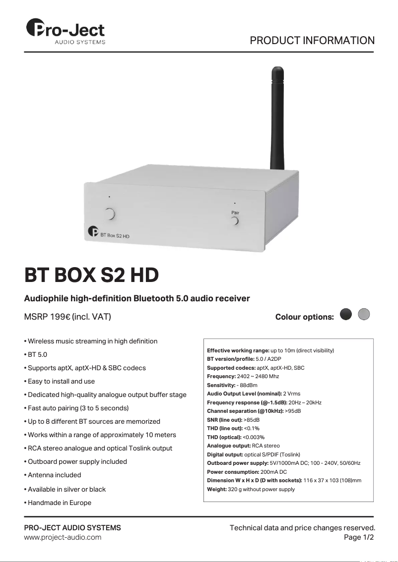Page n°1 - Fiche technique Pro-Ject BT Box S2 HD