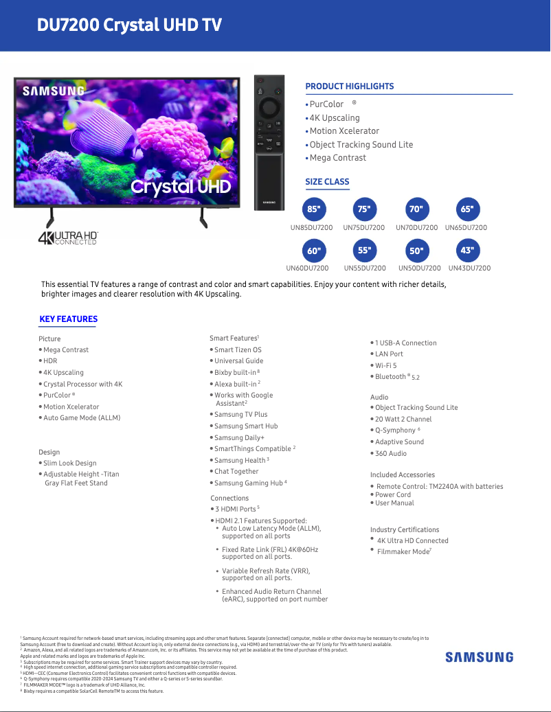 Page 1 de la notice Fiche technique Samsung UN55DU7200F