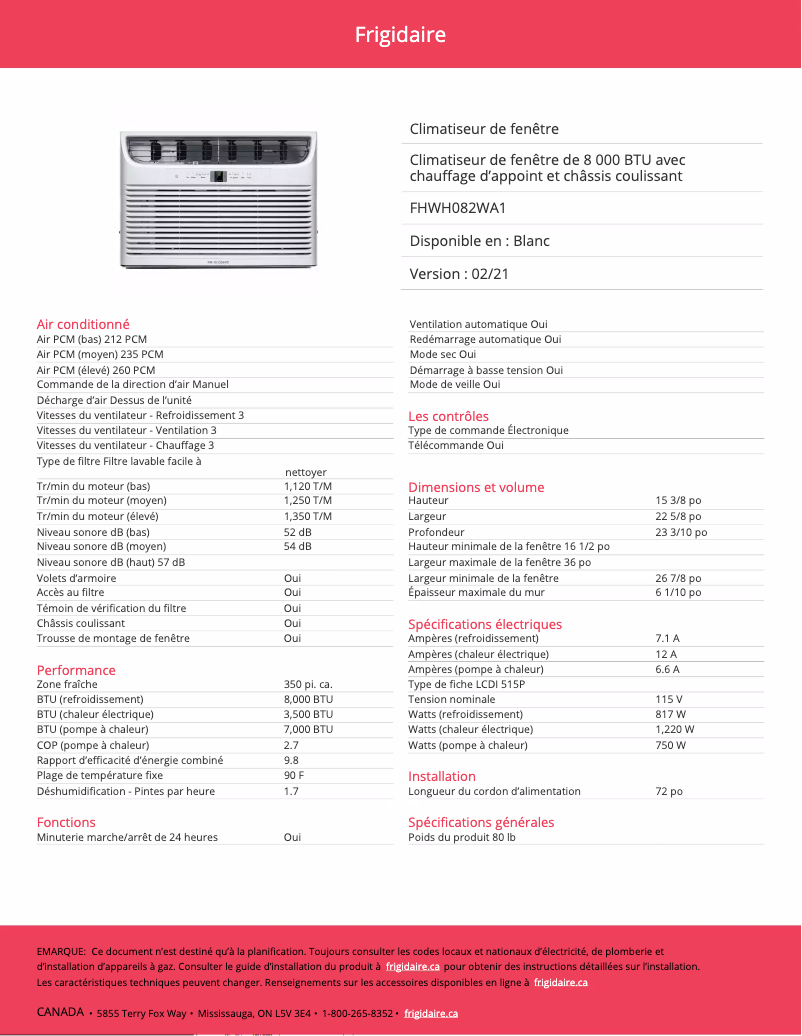 Page 1 de la notice Fiche technique Frigidaire FHWH082WA1