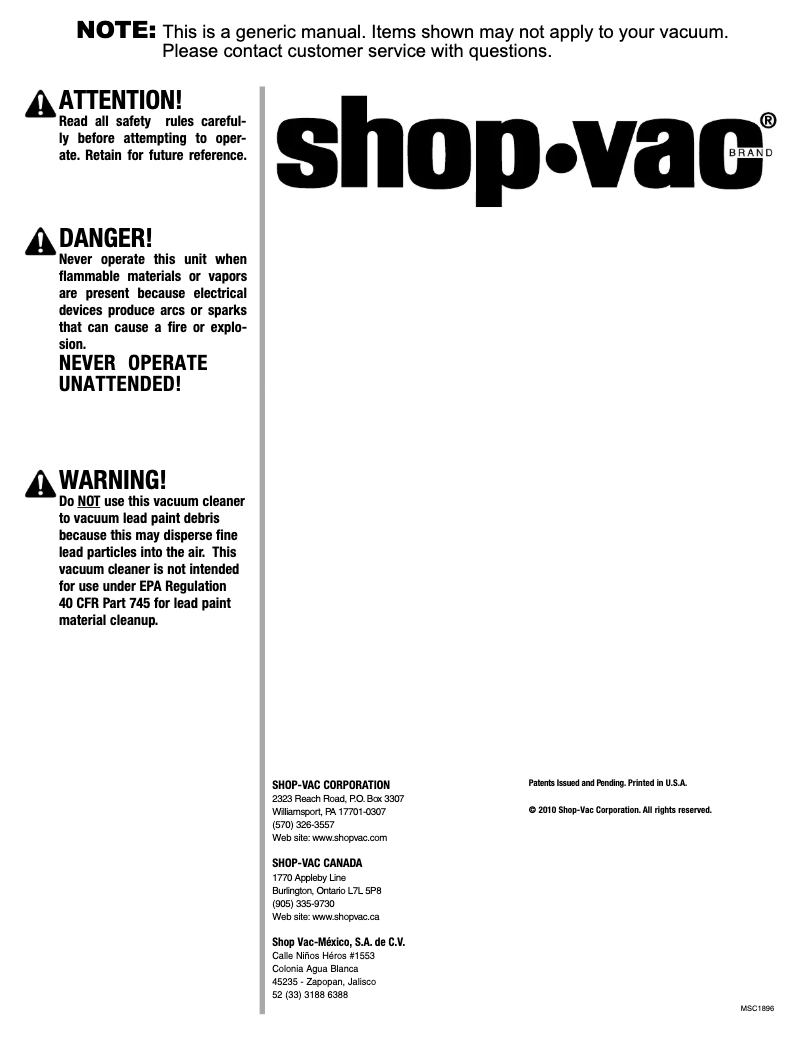 Page n°1 - Manuel utilisateur Shop-Vac J200A