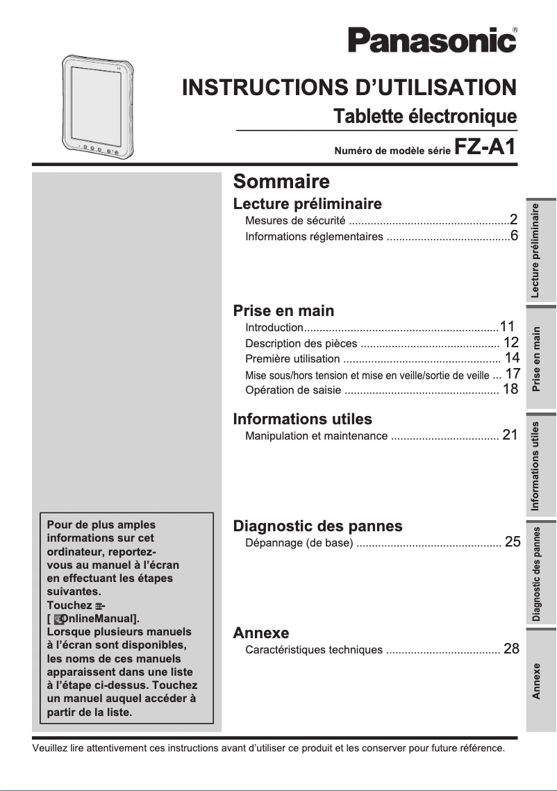 Page 1 de la notice Manuel utilisateur Panasonic Toughpad FZ-A1
