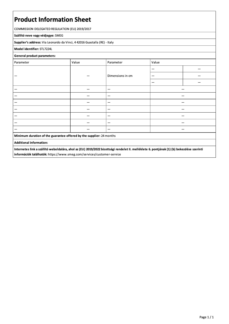 Page n°1 - Fiche technique Smeg STL7224L