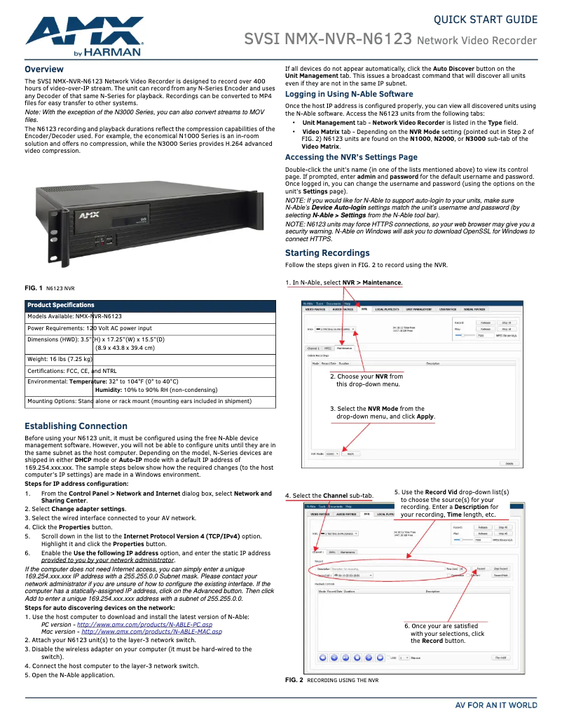 Page 1 de la notice Guide de démarrage rapide AMX NMX-NVR-N6123