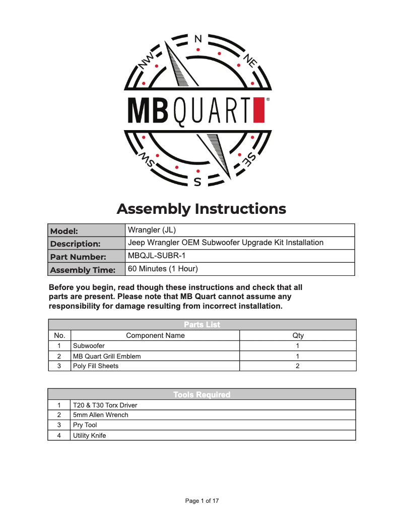 Page n°1 - Manuel utilisateur MB Quart MBQJL-SUBR-1