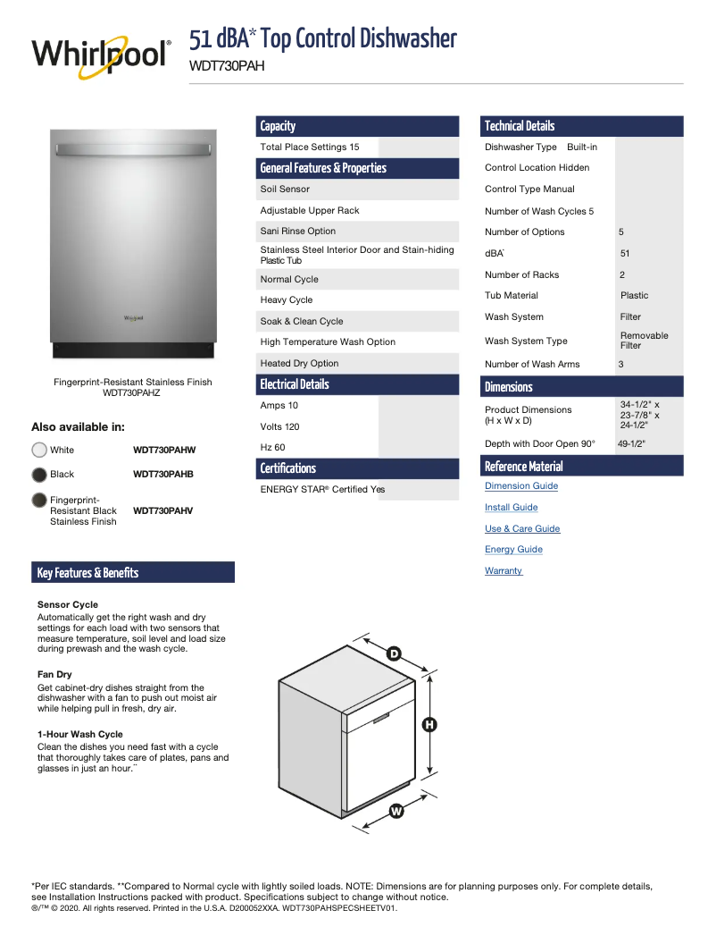 Page 1 de la notice Fiche technique Whirlpool WDT730PAHW