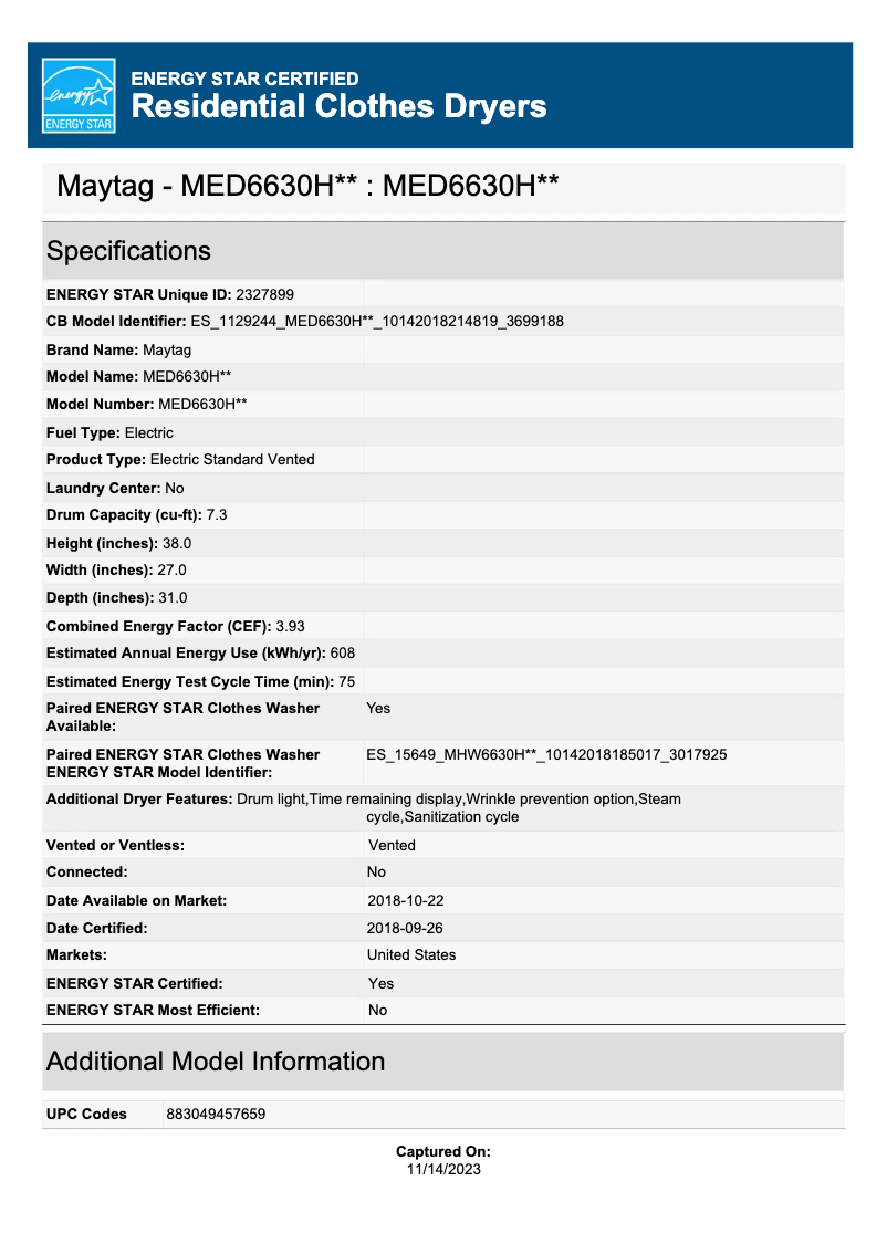 Page 1 de la notice Label énergétique Maytag MED6630HC