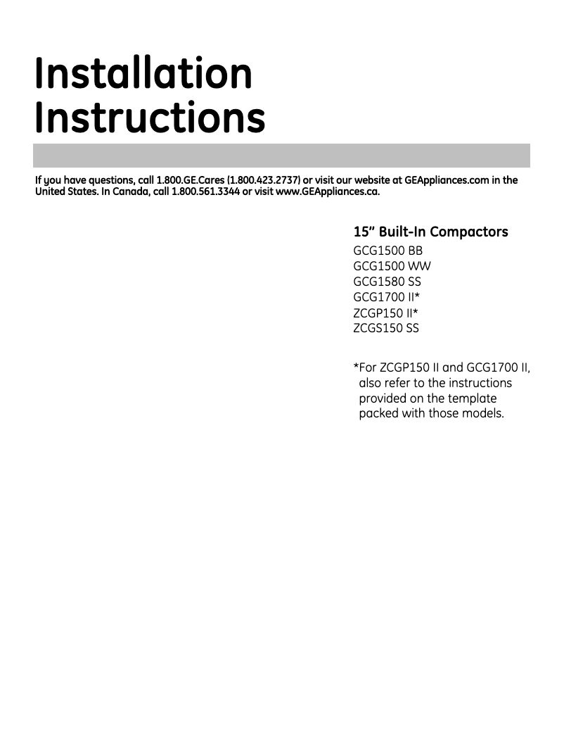 Page 1 de la notice Guide d'installation GE Profile GCG1700RII