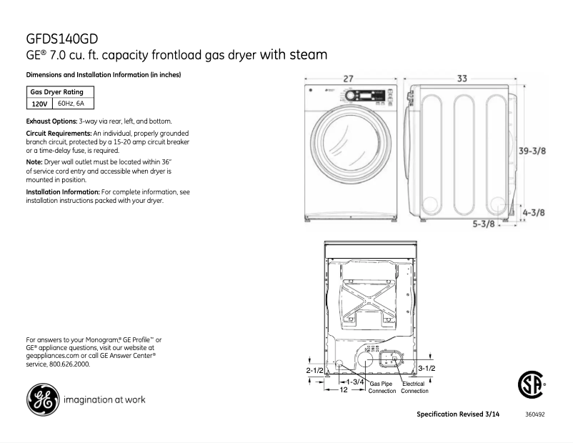 Page 1 de la notice Fiche technique GE GFDS140GDWW
