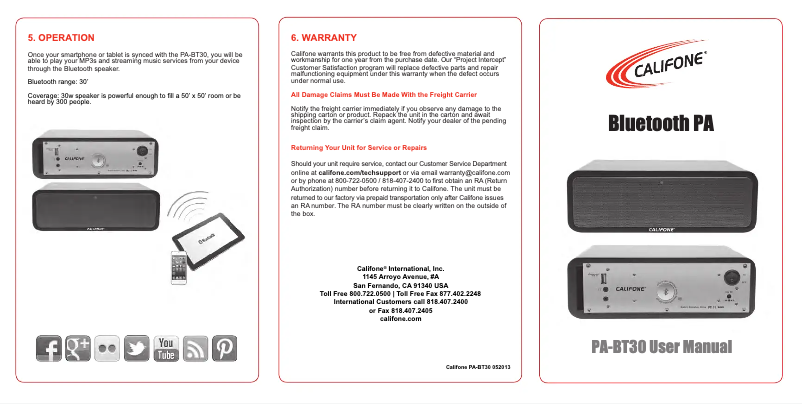 Page 1 de la notice Manuel utilisateur Califone PA-BT30