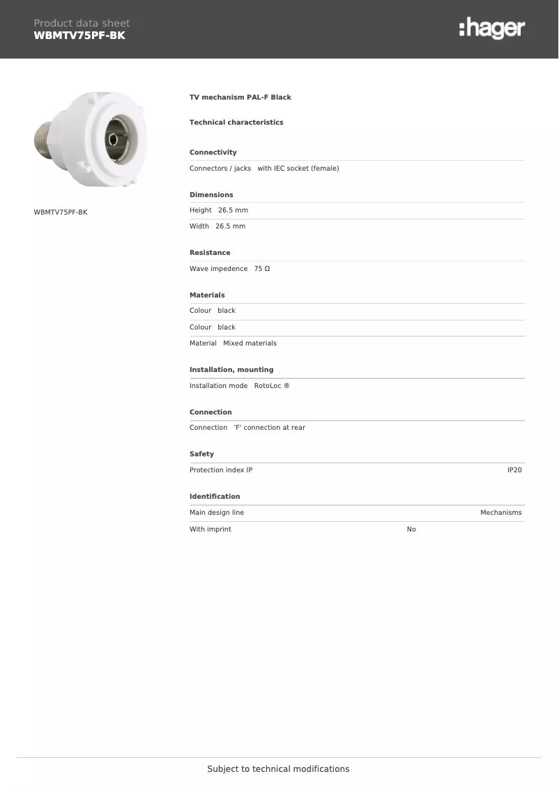 Page 1 de la notice Fiche technique Hager WBMTV75PF